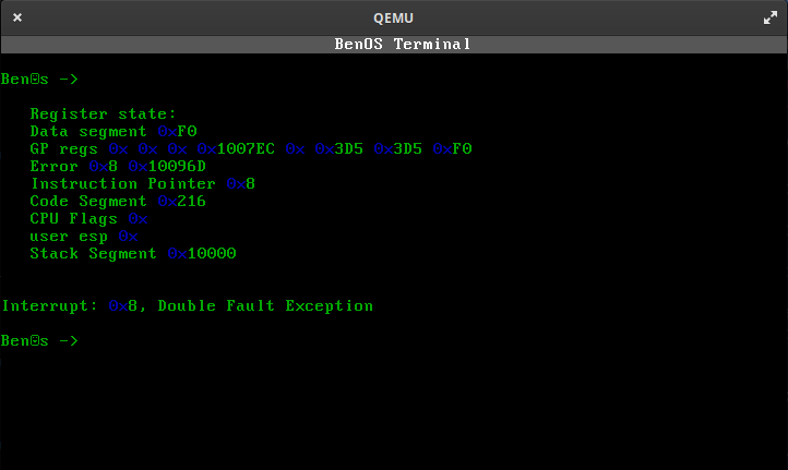 BenOS x86 operating system double fault exception